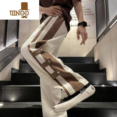 YANXU夏季潮牌条纹排扣休闲裤男美式高街vibe风宽松百搭拼接运动长裤