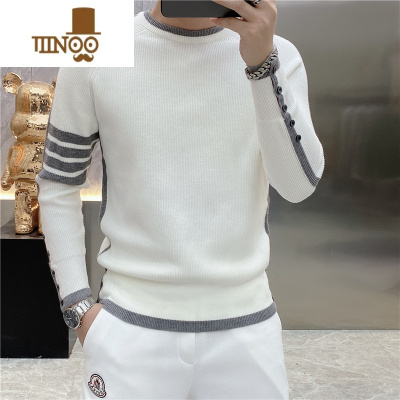 YANXU2023新款简约百搭圆领套头条纹针织衫青年时尚潮流长袖毛衣男