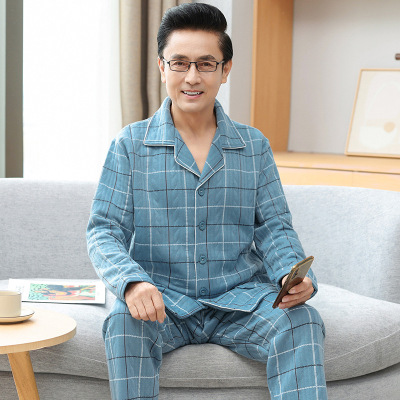 睡衣男士冬季开衫空气夹层家居服秋冬款加厚中老年爸爸两件套