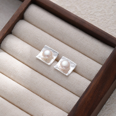 S925纯银方形淡水珍珠耳钉磨砂耳饰女几何轻奢小众设计感时尚耳饰送女朋友老婆情人节七夕生日礼物