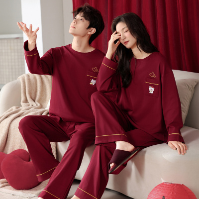 情侣睡衣春秋冬季棉质本命年喜庆结婚红色一男士一女士家居服套装