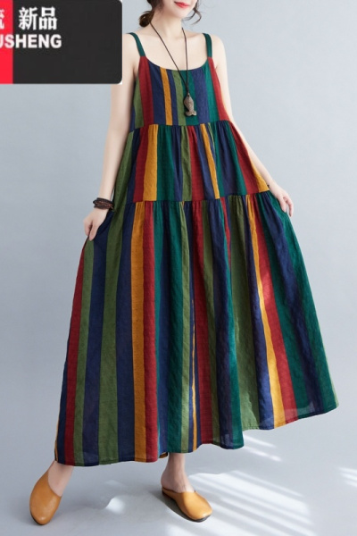YIBUSHENG撞色条纹棉麻印花连衣裙拼接不规则背心吊带裙子亚麻减龄A字裙