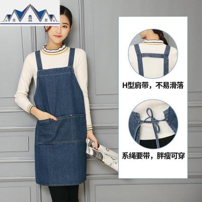 牛仔围裙女时尚韩版家用厨房帆布布料可爱日系围腰防水成人工作服 三维工匠