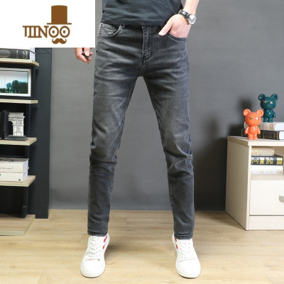 YANXU高端潮牌黑灰色牛仔裤男修身新款弹力水洗休闲薄款小脚长裤