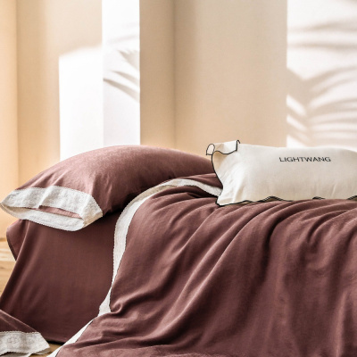 高端复古蕾丝边水洗棉麻四件套云感柔软四季通用被套美式卧室套件