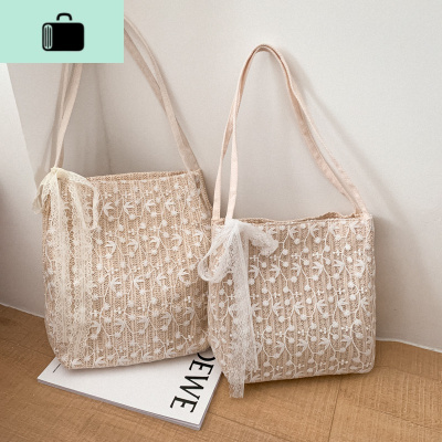 春夏仙女蕾丝百搭大容量水桶包手提编编织女包单肩小清新购物袋NEW LAKE女士单肩包