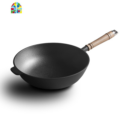 铸铁炒锅家用铁锅锅老式圆底加厚圆尖底单柄炒菜无涂层电磁炉 FENGHOU 单柄圆底炒锅带木盖[燃气专用款]