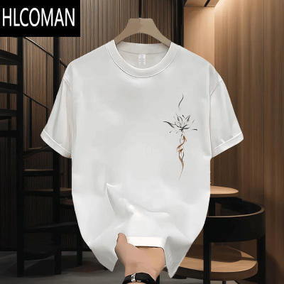 HLCOMAN夏季国潮简约个性男女情侣款锦鲤莲花印花百搭宽松短袖t