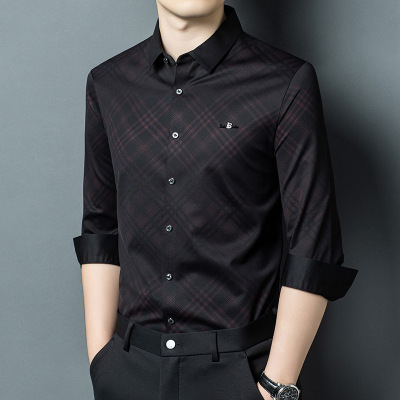 秋季中年新款爸爸装长袖衬衫男士宽松印花衬衣时尚格子男士