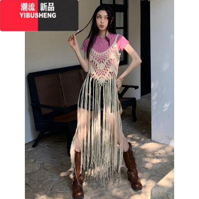 YIBUSHENG季2024新款时尚设计感手工钩织流苏波西米亚风吊带外衫连衣裙女