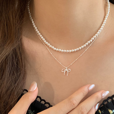 S925纯银飘带蝴蝶结隔珠项链女简约学生颈链休闲风锁骨链春夏送女朋友老婆情人节七夕生日礼物