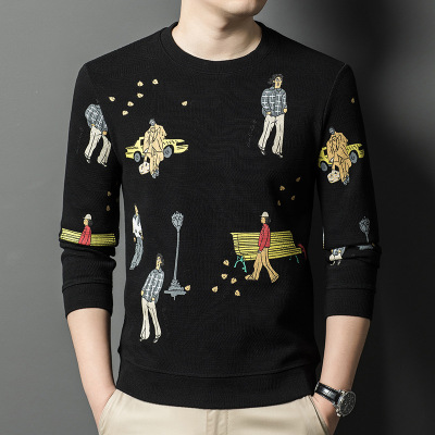 潮牌青年男式毛线毛衣圆领保暖可单穿针织毛衣个性潮流图案男装