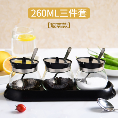 调料罐子玻璃调味瓶套装调料盒盐味精糖罐不锈钢单个家用餐厅定制 敬平 玻璃款3件套[深空黑]带托盘调味罐