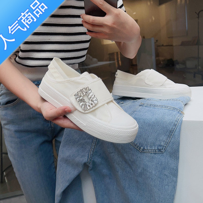 SUNTEK夏季半拖小白鞋女鞋2023新款夏款魔术贴帆布鞋懒人一脚蹬板鞋单鞋