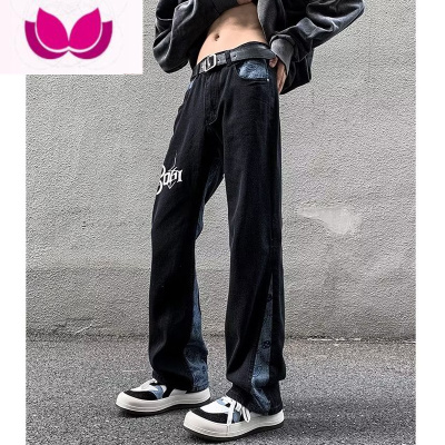七斓美式高街vibe风修身直筒牛仔裤男黑色潮牌水洗腰果花阔腿拼接裤子