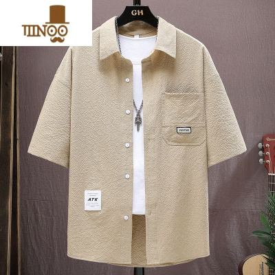 YANXU牛仔短袖衬衫男士夏季薄款纯色寸衫休闲外套潮牌痞帅工装半袖上衣