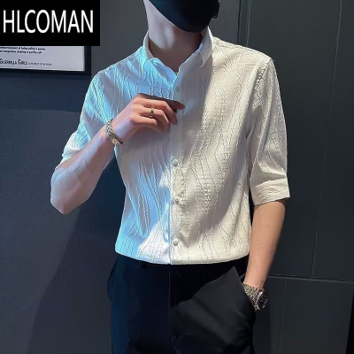 HLCOMAN英伦七分袖衬衫男士夏季冰丝套装短袖潮牌痞帅高级感搭配套装
