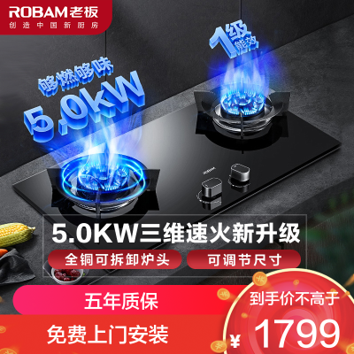 老板(Robam)5.0kW燃气灶自营双眼灶煤气灶单灶具嵌入式灶煤气炉钢化玻璃灶台炉具炉灶熄火保护57B0X液化气