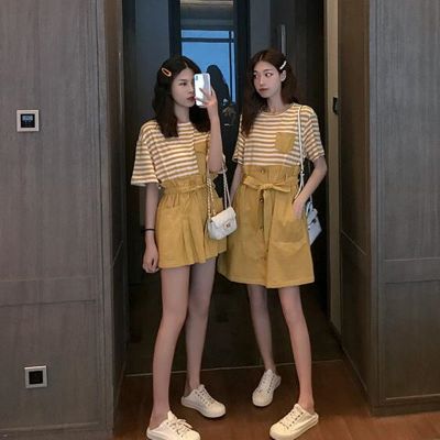 两件套装/单件新款ins夏季学生短袖T恤+短裤子连衣裙子休闲闺蜜装卡诺蔻