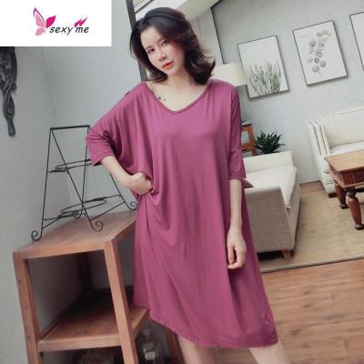 莫代尔睡裙短袖宽松加大码性感女夏薄款孕妇连衣裙胖MM家居服睡衣FISHBASKET