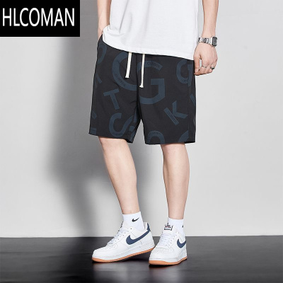 HLCOMAN裤子男夏季冰丝薄款字母印花五分短裤速干潮流中裤宽松直筒运动裤