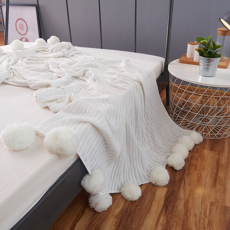 ins大毛球纯色全棉办公室薄毯子单双人午睡空调毛毯纯棉休闲盖毯