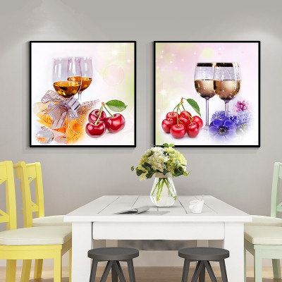 新房装饰画餐厅装饰画简约饭厅墙面装饰壁画客厅挂画水果画创意酒两幅，樱桃酒杯40*40厘米大气木纹框防水纹理膜-两幅