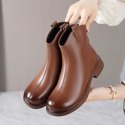 真皮复古短靴女秋冬新款厚底粗跟侧拉链英伦棉靴牛皮雪地靴