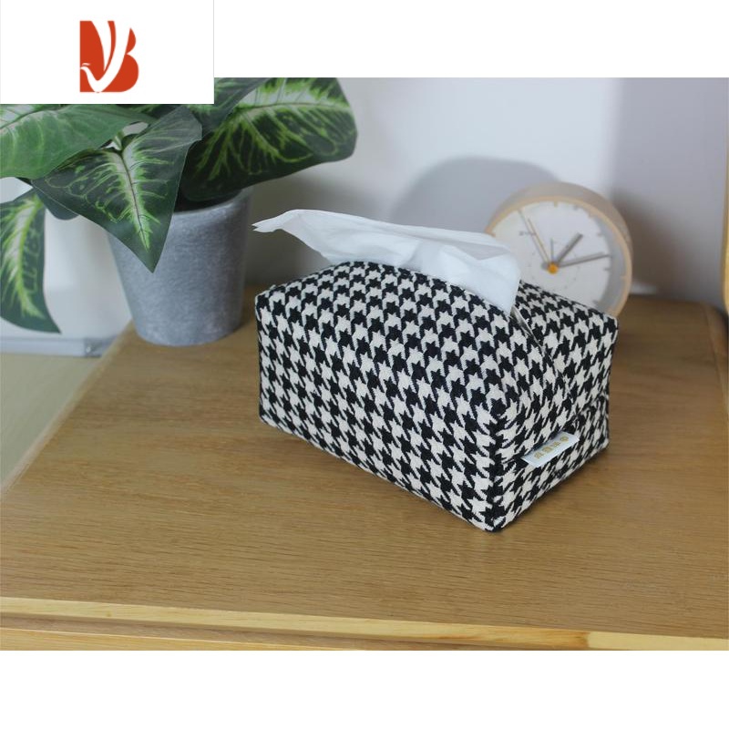 三维工匠日式纸巾盒黄麻布艺长方形抽纸盒简约抽纸包棉麻面巾盒餐巾纸盒包 黑色千鸟格抽纸盒