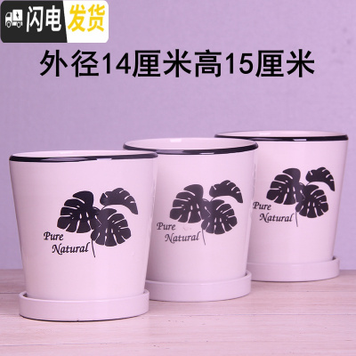 三维工匠欧式花盆陶瓷三个大中号简约创意家用绿植盆栽花盆带托盘 白叶14厘米三个 中等花盆容器