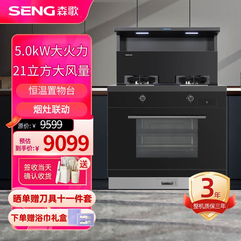 [新品]森歌(SENG)集成灶D8ZK-1蒸烤一体灶变频电机 21立方大吸力抽油烟机燃气灶家用厨房灶具[液化气右排烟]