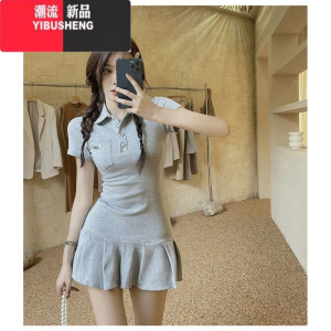 YIBUSHENGpolo领休闲运动灰色气质收腰短裙子女装纯欲风显身材连衣裙女
