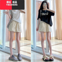 YIBUSHENG蓝色工装短裤女季2024新款高腰宽松阔腿棉麻休闲外穿运动五分裤