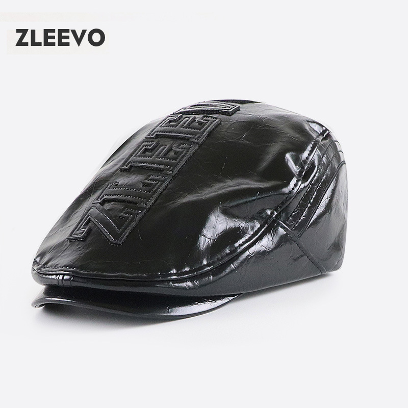 /PU亮皮前进帽男女英伦复古文艺时尚日系鸭舌贝雷帽子