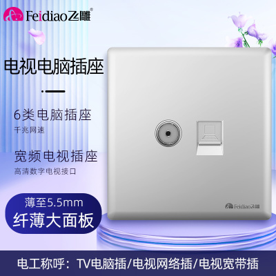 飞雕(FEIDIAO)超薄大板 开关插座格韵系列86型带开关插座面板墙壁电源插座 格韵月光银电视电脑插