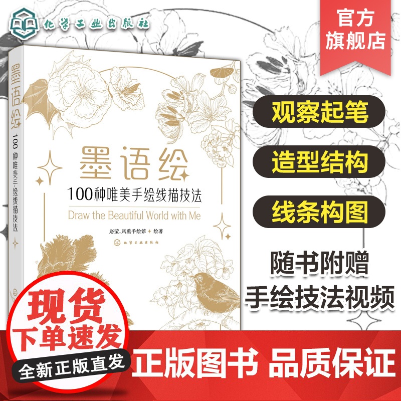 随书附赠视频讲解 墨语绘 100种唯美手绘线描技法 手绘线条构图技法造型结构 手绘步骤图解 花鸟植物手绘插画设计零基础教