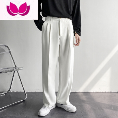 七斓韩国网红垂坠感直筒西装裤男宽松韩版休闲白色阔腿长裤拖地裤