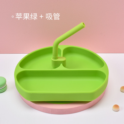 逗逗熊硅胶餐盘一体式儿童餐具分格硅胶碗婴儿吸盘碗喂养餐具学吃饭套装绿色餐盘+吸管