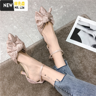 林先森高跟鞋女夏细跟2020新款韩版尖头中空仙女单鞋时尚蝴蝶结水钻凉鞋凉鞋