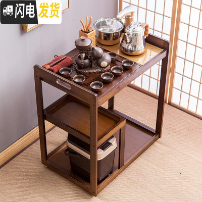 三维工匠移动茶车家用茶台带轮茶水柜茶盘具套装自动电磁炉简约茶桌泡茶车 胡桃色-五福临门茶具套装(送小佛茶宠)