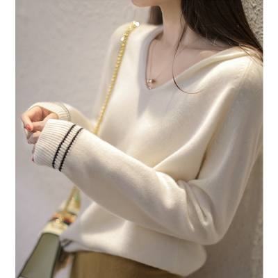 暖青汇2020秋新款衫女连帽针织卫衣宽松套头打底衫韩版短款V领毛衣卫衣