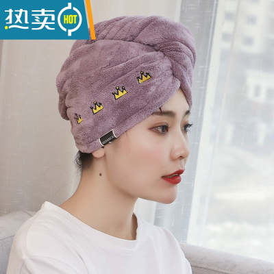 敬平加厚干发帽女吸水速干包头巾网红器擦长发毛巾洗澡可爱浴帽 绣皇冠 罗兰紫 加厚155克