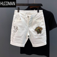HLCOMAN夏季薄款欧洲站个性刺绣烫钻牛仔短裤男士高街休闲弹力修身五分裤