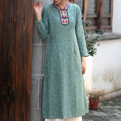 珂卡慕(KEKAMU)棉麻绣花连衣裙棉风连衣裙2020新款早春a字裙中长款绣花复古宽松中国风裙子豆绿色均码豆绿色默认尺寸