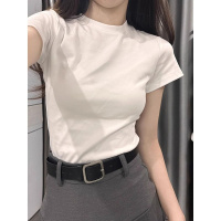含棉 圆领短款短袖T恤女夏季新款设计感小众高腰收腰纯色上衣