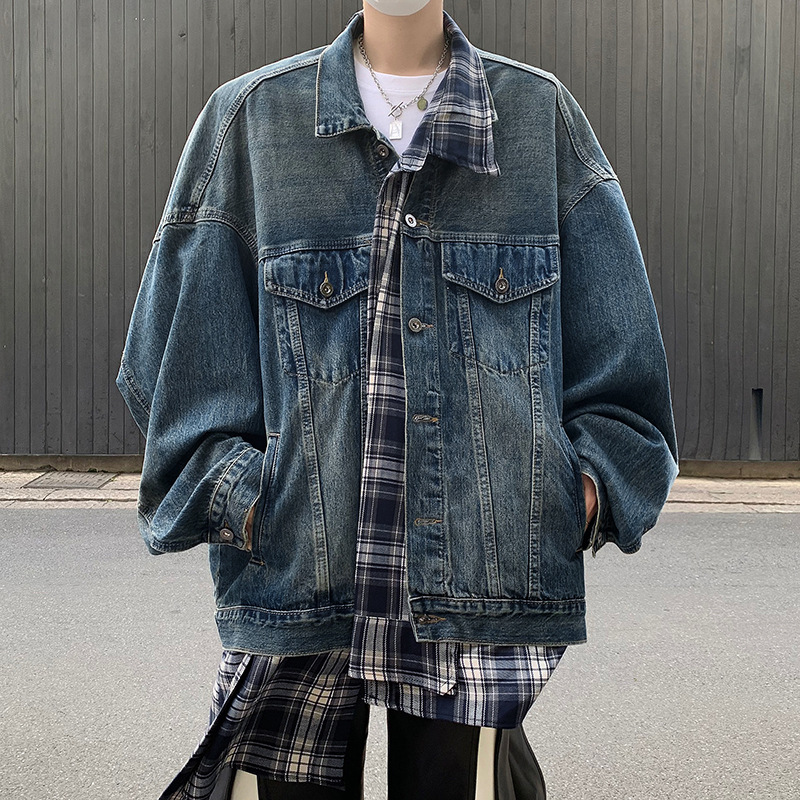 男装潮牌春秋季新款格子拼接牛仔夹克宽松休闲宽松假两件痞帅外套