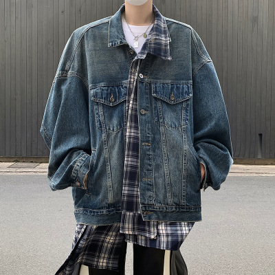 男装潮牌春秋季新款格子拼接牛仔夹克宽松休闲宽松假两件痞帅外套