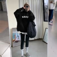 [2.5折价79元]唐狮女款加绒卫衣女新款时尚百搭连帽小清新印花卫衣外套