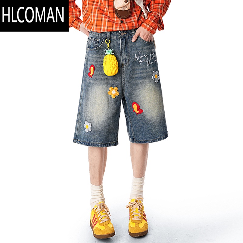 HLCOMAN美式立体花卉刺绣短裤男夏季潮牌宽松小众设计感休闲情侣五分短裤