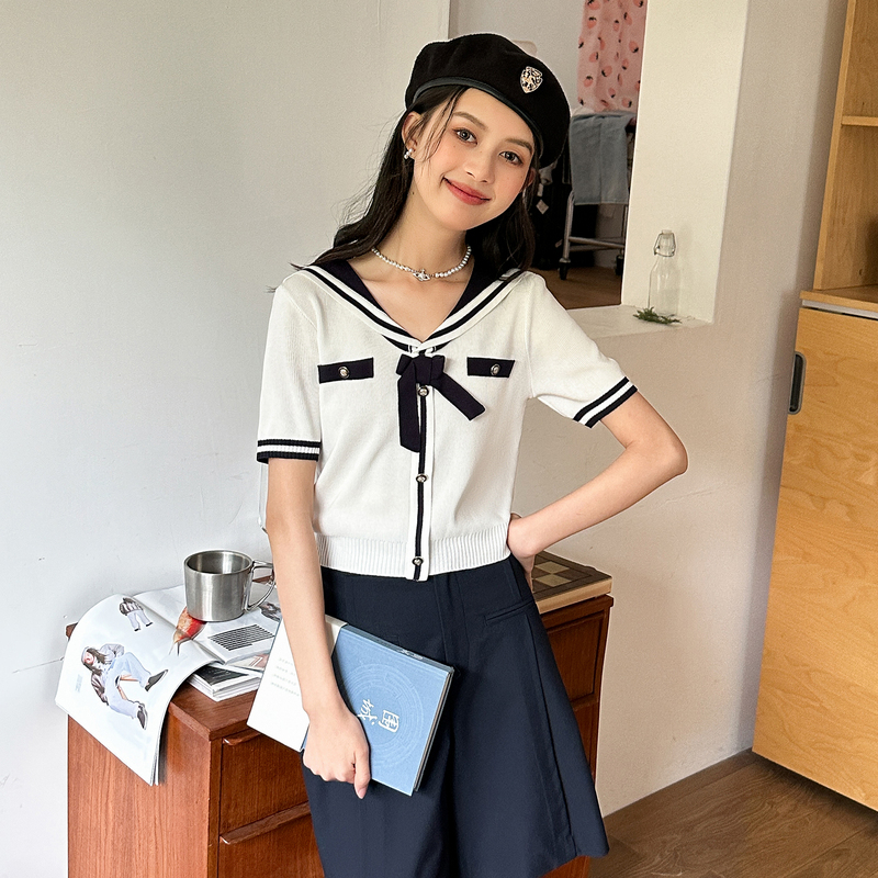 [2.5折价84元]唐狮领短袖T恤女休闲夏季新款学院风短款上衣白色甜美体恤F